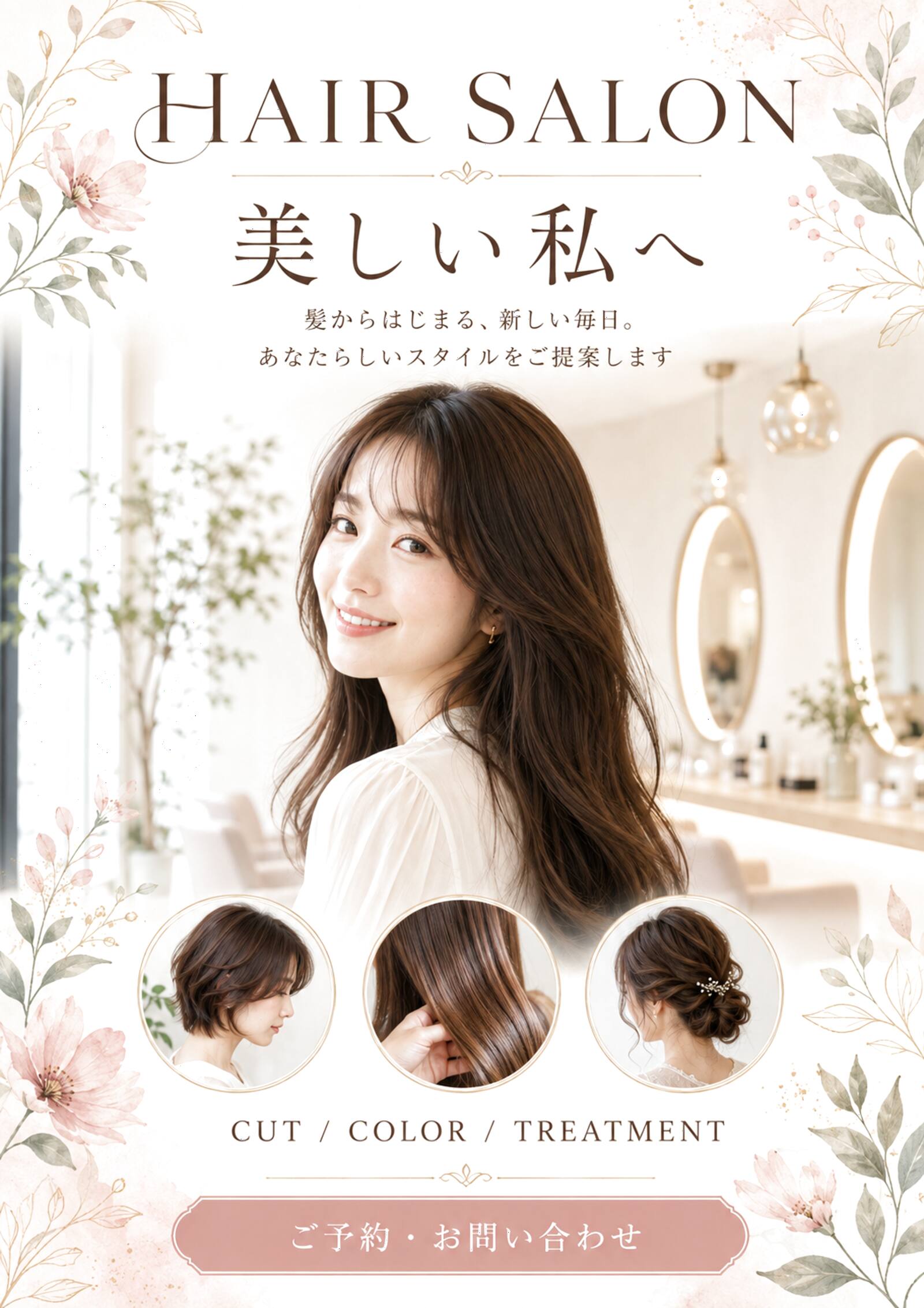 AIで作った美容室のチラシ例A。おしゃれな雰囲気だが価格や実績など具体的な情報がない