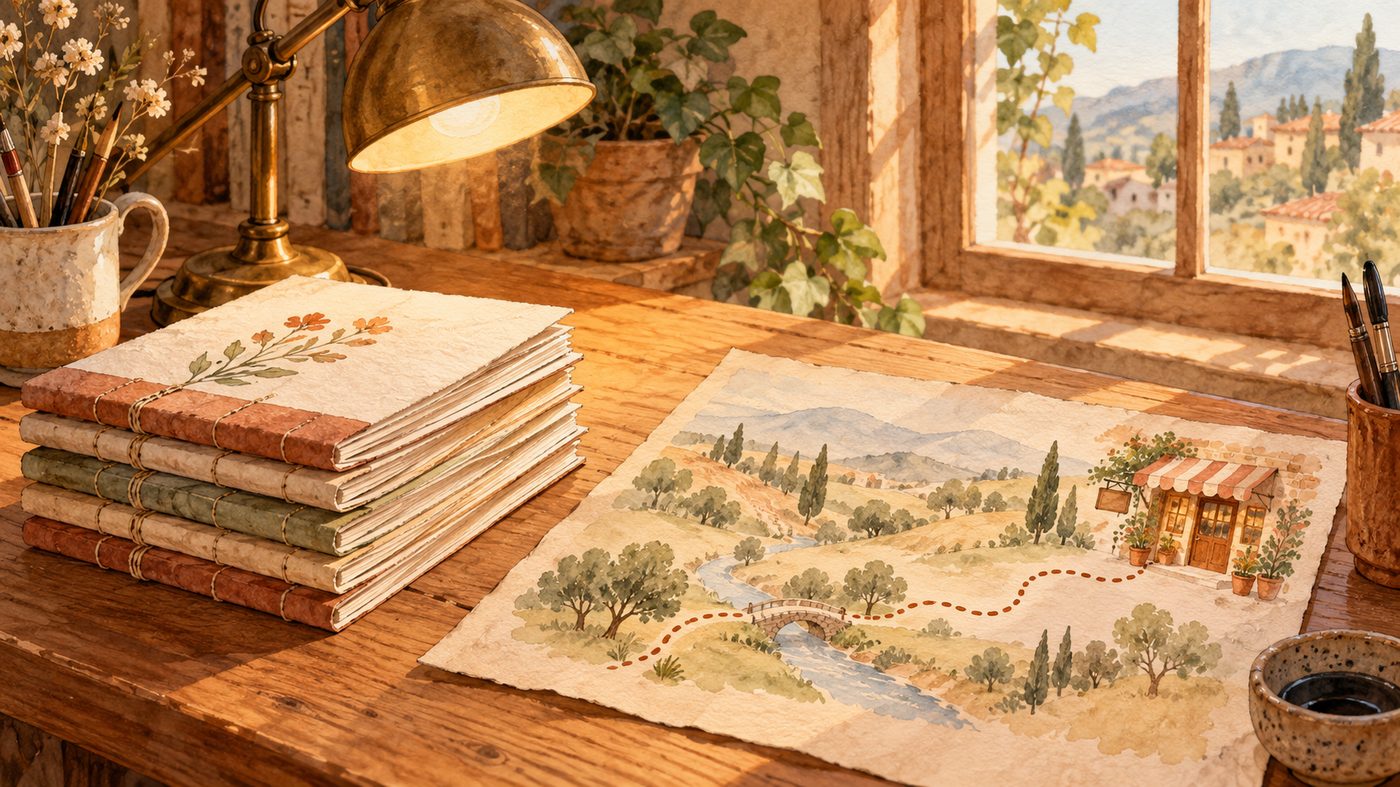 木の机の上に、仕上がった手製の冊子の山と、お店の扉へ点線の道が続く手描きの地図が置かれている水彩画