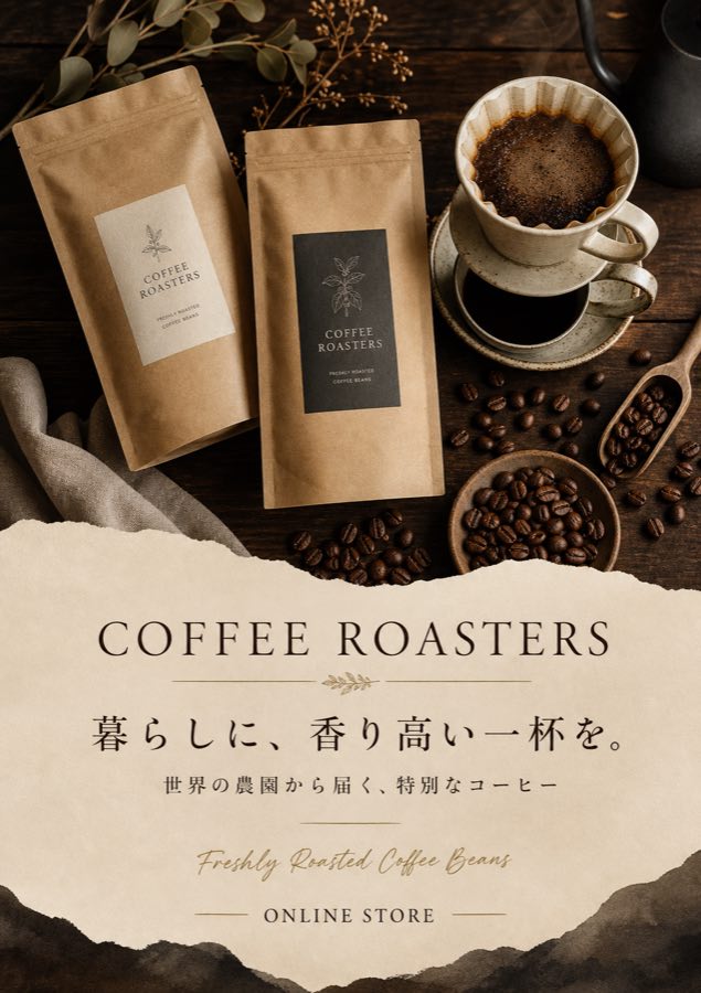 コーヒーのチラシA。豆と器具の写真が中心で、価格や特典の記載はない