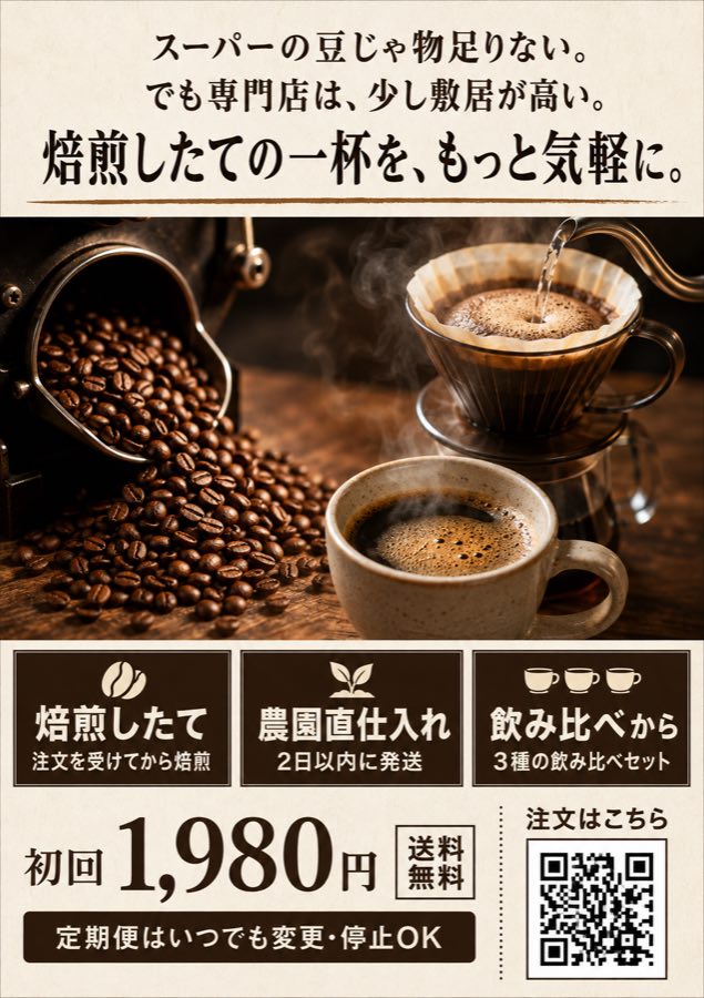 コーヒーのチラシB。焙煎方法・農園直仕入れ・初回1,980円送料無料などの条件が明記されている