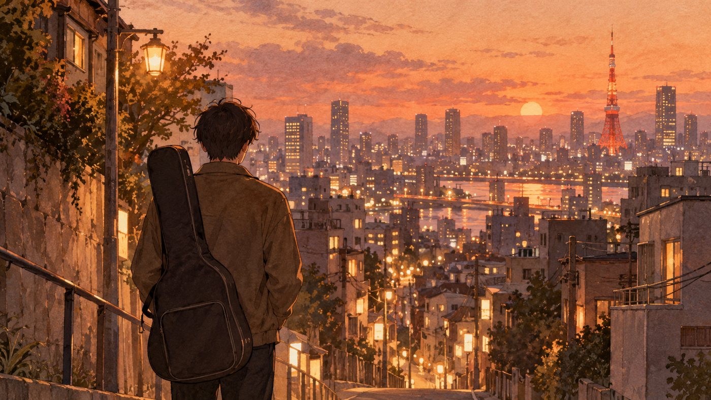 ギターケースを背負った青年の後ろ姿。夕暮れの東京の街に立っている